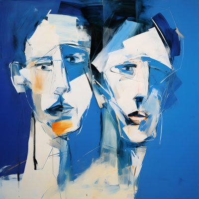 Schilderij van twee hoofden voor blauwe achtergrond 3 door Kurt Heppke