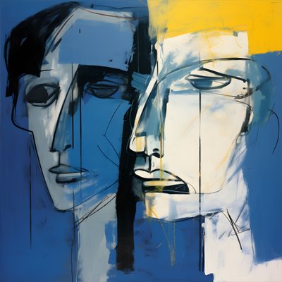 Schilderij van twee hoofden voor blauwe achtergrond 4 door Kurt Heppke