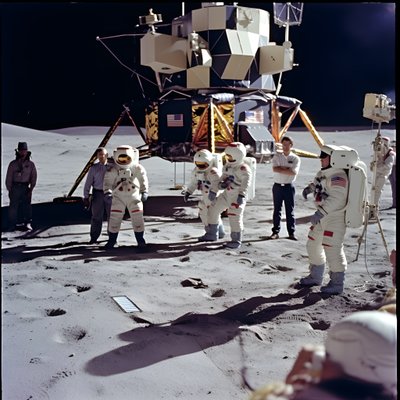 Groep mensen met tv-camera die de vervalsing van het Apollo 11-project moeten tonen 1 door Kurt Heppke