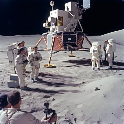 Groep mensen met tv-camera die de vervalsing van het Apollo 11-project moeten tonen 2 door Kurt Heppke