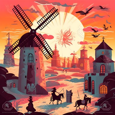 Don Quijote op zijn ezel voor windmolens 2 door Kurt Heppke