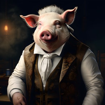 Koude en heerszuchtige antropomorfe varkensplantage-eigenaar, priemende ogen, dikke mollige lichaam, sigaar in de hand, exquise chique zuidelijke witte pak en vest, zakhorloge aan een ketting, monocle, witte vilthoed, close-up 4 door Kurt Heppke