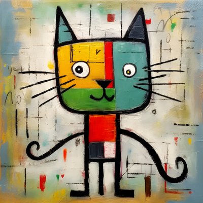 Schattige kat, in de stijl van Picasso, Joan Miro en Basquiat 1 door Kurt Heppke