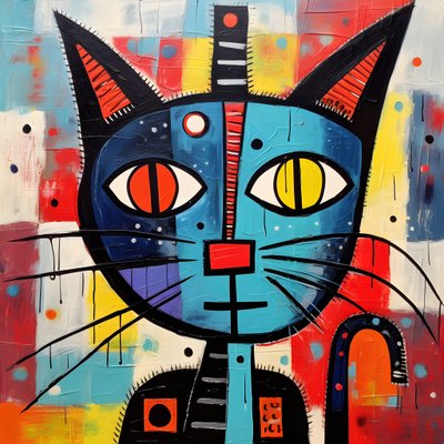 Schattige kat, in de stijl van Picasso, Joan Miro en Basquiat 4 door Kurt Heppke