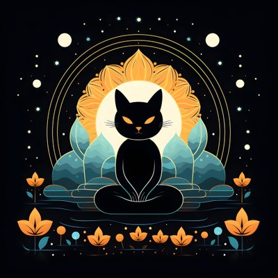 Kat in meditatie zittend op een lotus bloem 3 door Kurt Heppke