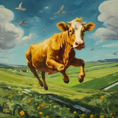 koe vliegt over een groene weide 4 door Kurt Heppke