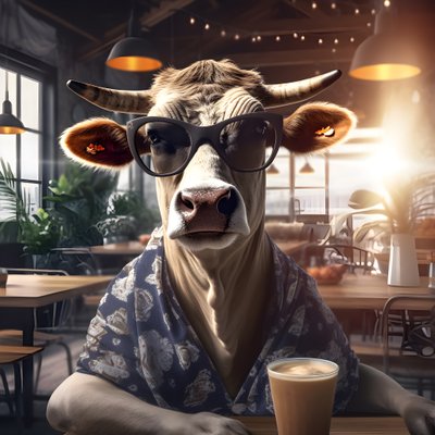 Koe met zonnebril en kijkend naar koude koffie 3 door Kurt Heppke