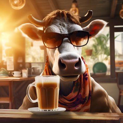 Koe met zonnebril en kijkend naar koude koffie 4 door Kurt Heppke