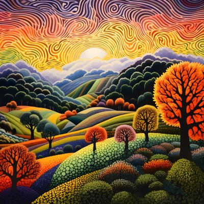landschap met bomen en heuvels door Kurt Heppke