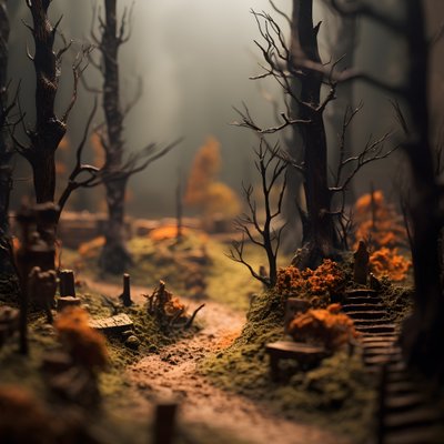Miniatuur tilt-shift Halloween bos met mistige bomen en een spookachtige sfeer 3 door Kurt Heppke