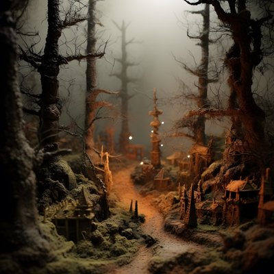 Miniatuur Tilt-Shift Halloween Bos met mistige bomen en een spookachtige sfeer door Kurt Heppke