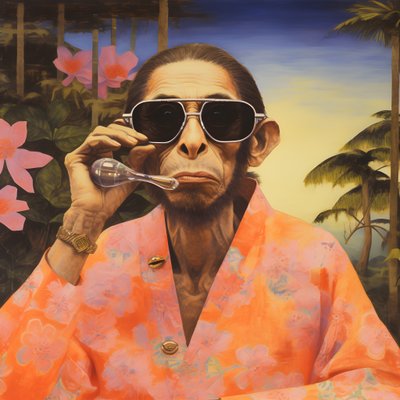 Close-up van een coole aap in een Japanse kimono, met zonnebril, in een tropisch landschap door Kurt Heppke