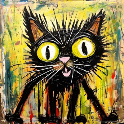 neo-expressionisme van een cartoonkat die nieuwsgierig omhoog kijkt 1 door Kurt Heppke