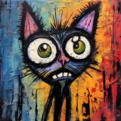 neo-expressionisme van een cartoonkat die nieuwsgierig omhoog kijkt 2 door Kurt Heppke
