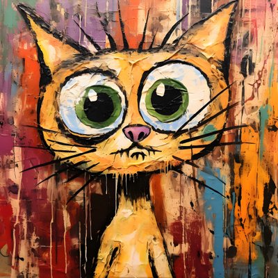 neo-expressionisme van een cartoonkat die nieuwsgierig omhoog kijkt 3 door Kurt Heppke