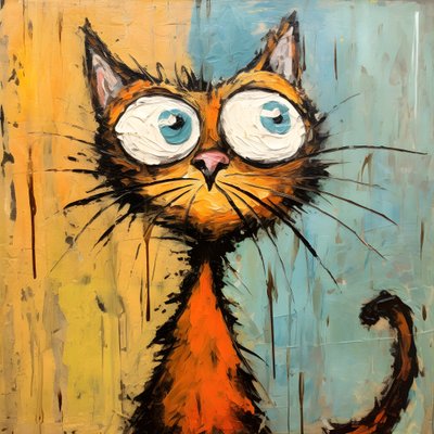 neo-expressionisme van een cartoonkat die nieuwsgierig omhoog kijkt 4 door Kurt Heppke