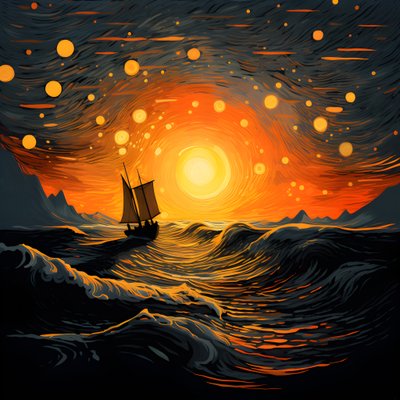 zonsondergang, oranje-gele zon, wolken, vijf roterende cirkels van wolken in een grote hemel, puntvormige golven en oranje-gele zonsondergangwolken die zich op de golven spiegelen, een boot vaart de zee op 1 door Kurt Heppke