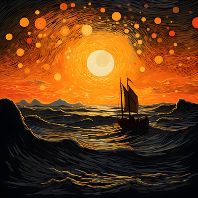 zonsondergang, oranje-gele zon, wolken, vijf roterende cirkels van wolken in een grote hemel, puntvormige golven en oranje-gele zonsondergangwolken die zich op de golven spiegelen, een boot vaart de zee op 4 door Kurt Heppke