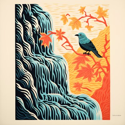 Ultra-minimalistische illustratie van een kleurrijke tropische vogel die op een vertakte plant zit voor een bergbeek met een mooie waterval 1 door Kurt Heppke