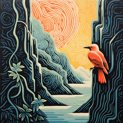 Ultra-minimalistische illustratie van een kleurrijke tropische vogel die op een vertakte plant zit voor een bergbeek met een mooie waterval 2 door Kurt Heppke