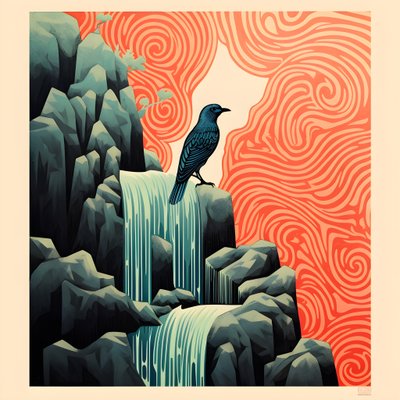 Ultra-minimalistische illustratie van een kleurrijke tropische vogel die op een vertakte plant zit voor een bergbeek met een mooie waterval 3 door Kurt Heppke