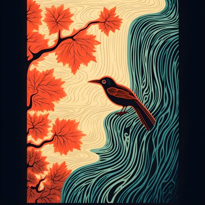 Ultra-minimalistische illustratie van een kleurrijke tropische vogel die op een vertakte plant zit voor een bergbeek met een mooie waterval 4 door Kurt Heppke