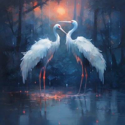 prachtig, schitterend, filmisch schilderij, twee kraanvogels kussen in de regen 2 door Kurt Heppke