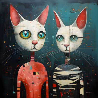 Twee antropomorfe katten, kater en kat, Kubrickian Synthetic 3 door Kurt Heppke