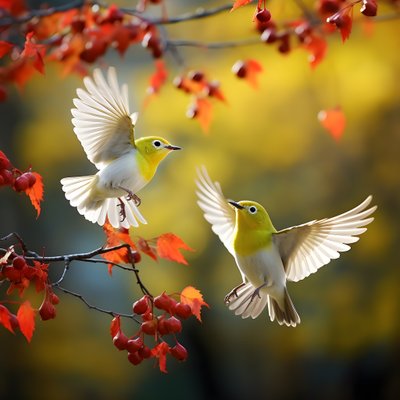 Twee superschattige groene brilvogels spreiden hun vleugels en vliegen in de herfstige esdoornbladeren 1 door Kurt Heppke