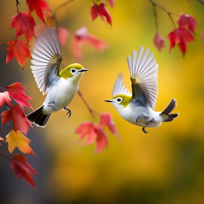 Twee superschattige groene brilvogels spreiden hun vleugels en vliegen in de herfstige esdoornbladeren 2 door Kurt Heppke