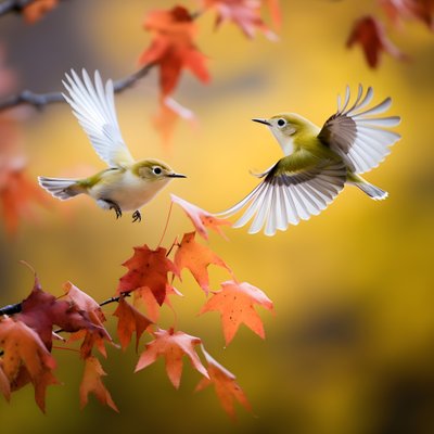 Twee superschattige groene brilvogels spreiden hun vleugels en vliegen in de herfstige esdoornbladeren 3 door Kurt Heppke