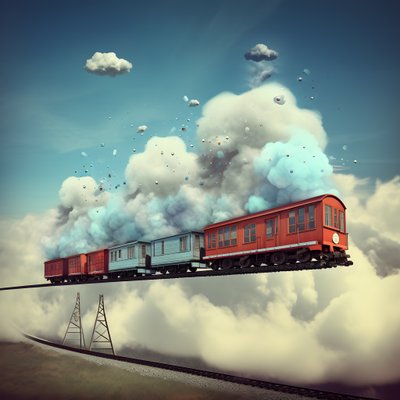 een snel bewegende sociale media trein die door de wolken vliegt aan een draadje 3 door Kurt Heppke