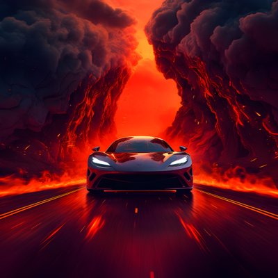 een luxe auto rijdt over een pad met gloeiend rood op de achtergrond 4 door Kurt Heppke
