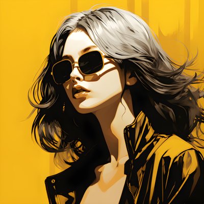een illustratie van een meisje met gele zonnebril, haar in het gezicht en oren, in de stijl van film noir esthetiek 2 door Kurt Heppke