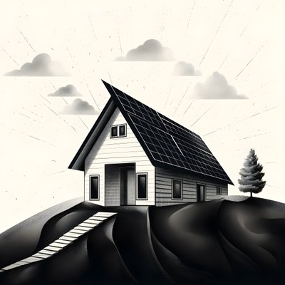 illustratie van een huis met zonnepanelen en een grote pijl erachter die naar rechts en omhoog wijst door Kurt Heppke