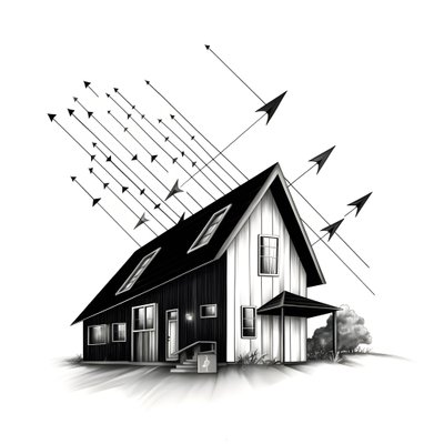 illustratie van een huis met zonnepanelen en een grote pijl erachter die naar rechts en omhoog wijst door Kurt Heppke