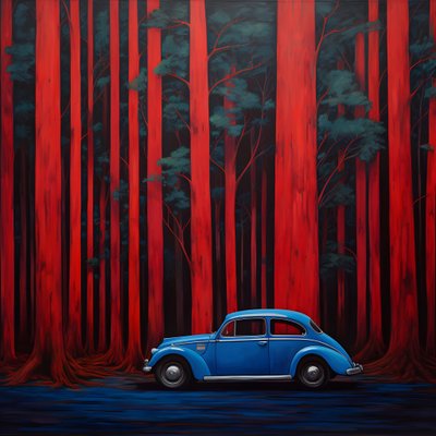 blauwe auto in een rood bos door Kurt Heppke