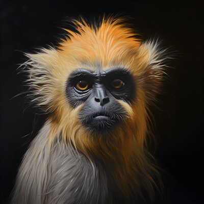 Een schilderij van het gezicht van een gouden langoer met zwarte achtergrond 1 door Kurt Heppke