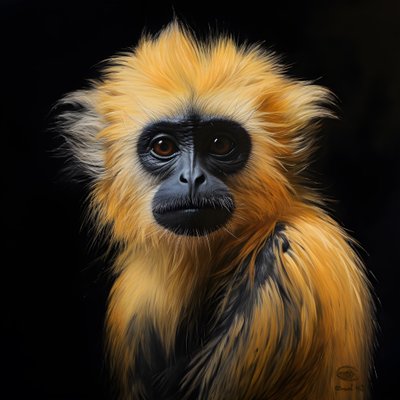 Een schilderij van het gezicht van een gouden langoer met zwarte achtergrond 3 door Kurt Heppke