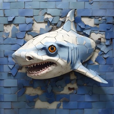 een blauwe haai met geschilderd gezicht op een oude muur 2 door Kurt Heppke