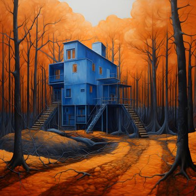 een blauw huis in een oranje bos door Kurt Heppke