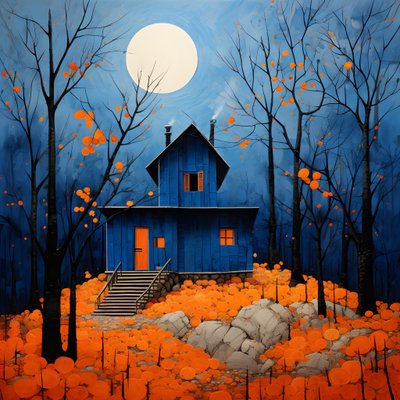 een blauw huis in een oranje bos door Kurt Heppke