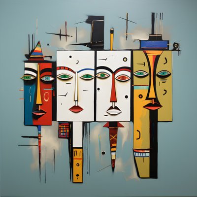 Een schilderij toont een groep van vier hoofden aan een muur 2 door Kurt Heppke