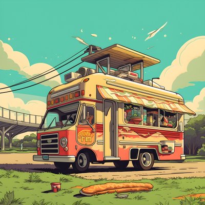 Een artistieke evenementposter voor foodtrucks in een skatepark in Noord-Californië door Kurt Heppke