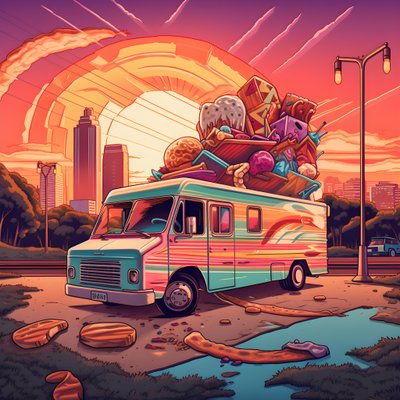 Een artistieke evenementposter voor foodtrucks in een skatepark in Noord-Californië door Kurt Heppke