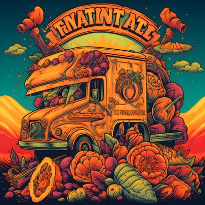 Een artistieke evenementposter voor foodtrucks in een skatepark in Noord-Californië door Kurt Heppke