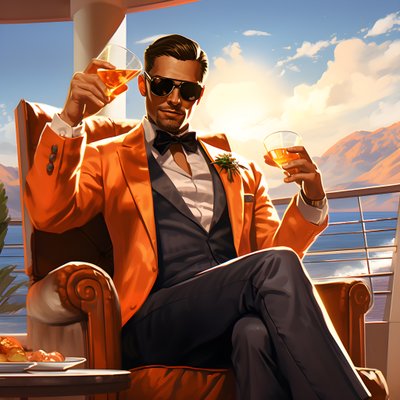 een rijke man, goed gekleed, zit op een privécruiseschip en drinkt een cocktail 1 door Kurt Heppke
