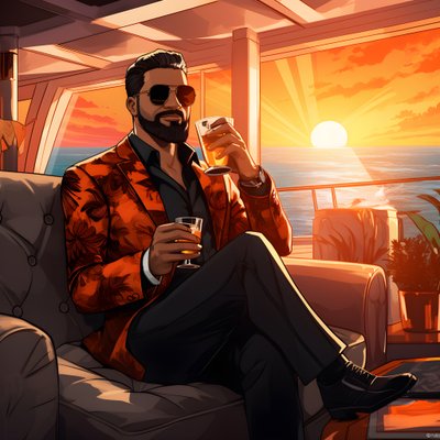 een rijke man, goed gekleed, zit op een privécruiseschip en drinkt een cocktail 3 door Kurt Heppke