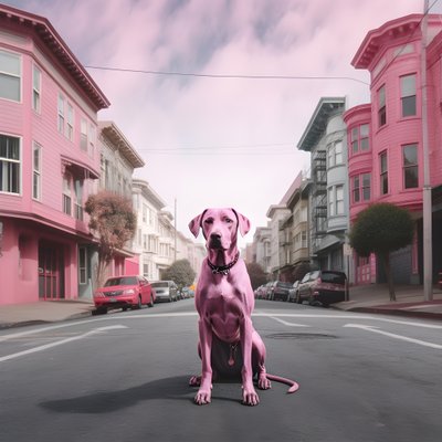 een roze hond midden in de stad San Francisco 1 door Kurt Heppke