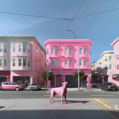 een roze hond midden in de stad San Francisco 2 door Kurt Heppke
